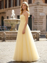 Classic Strapless Satin Tulle Formal Dresses A Line Prom Dresses