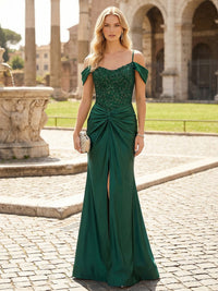 Off the Shoulder Sequin Satin Mermaid Prom Dresses with Slit