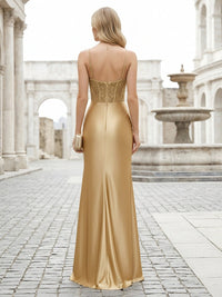 Satin Spaghetti Straps Lace Appliques Mermaid Formal Dresses