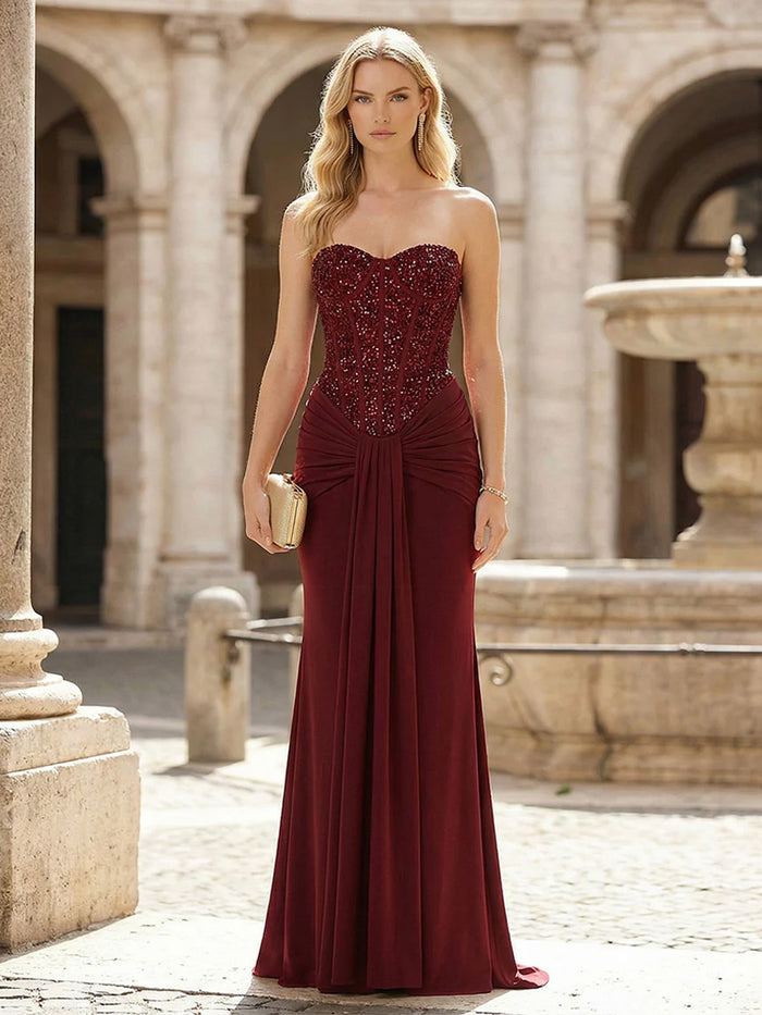 Strapless Sequin Pleated Chiffon Mermaid Pleated Prom Dresses