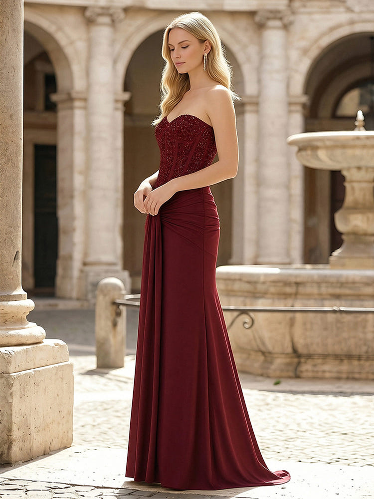 Drop Waist Strapless Sequin Pleated Chiffon Mermaid Formal Dresses