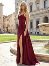 Spaghetti Straps Satin Pleated Mermaid Formal Dresses with Slit