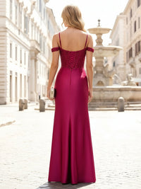 Off the Shoulder Satin Pleated Mermaid Evening Dresses with Slit