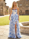 Strapless Sweetheart A Line Floral Chiffon Prom Dresses with Slit