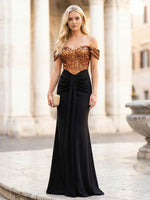 Long Elegant Off the Shoulder Satin Sequin Mermaid Formal Dresses