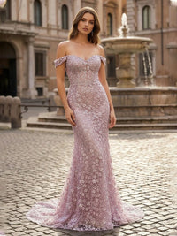 Off the Shoulder 3D Flower Applique Mermaid Evening Dresses