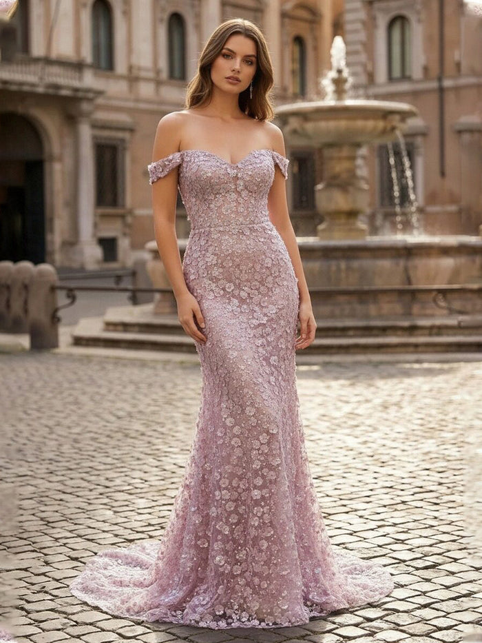 Off the Shoulder 3D Flower Applique Mermaid Prom Dresses