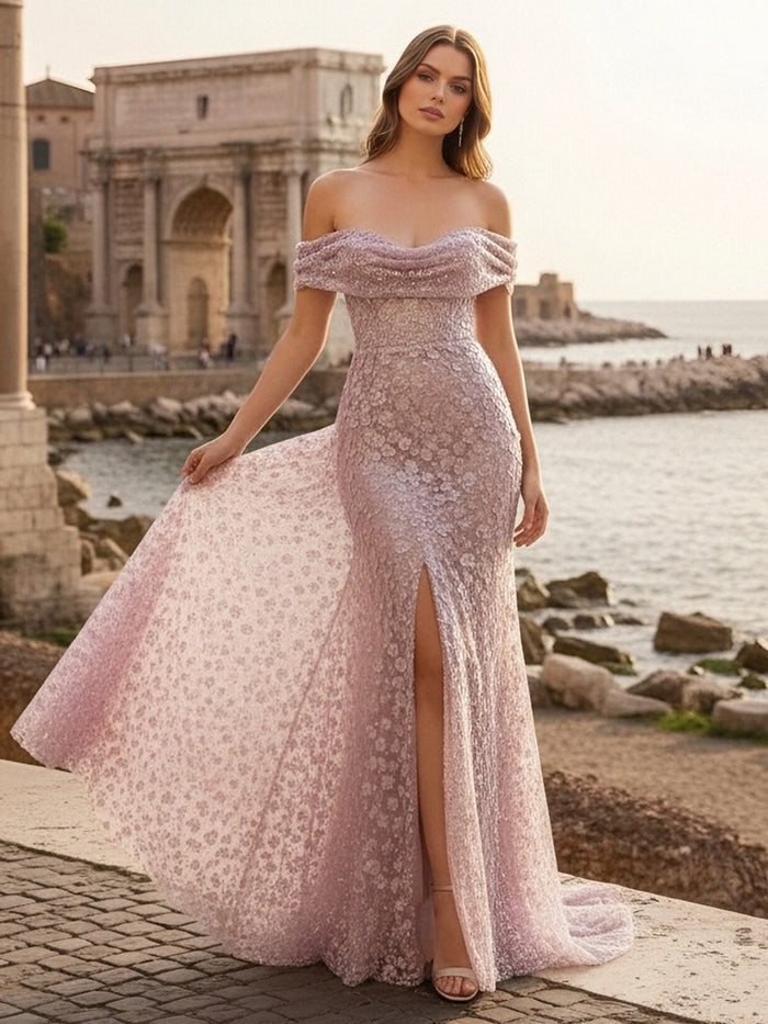 Off the Shoulder 3D Flower Applique Prom Dresses with Slit