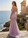 Off the Shoulder 3D Flower Applique Prom Dresses with Slit