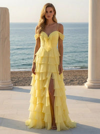 Off the Shoulder Chiffon Tiered Prom Dresses with Slit