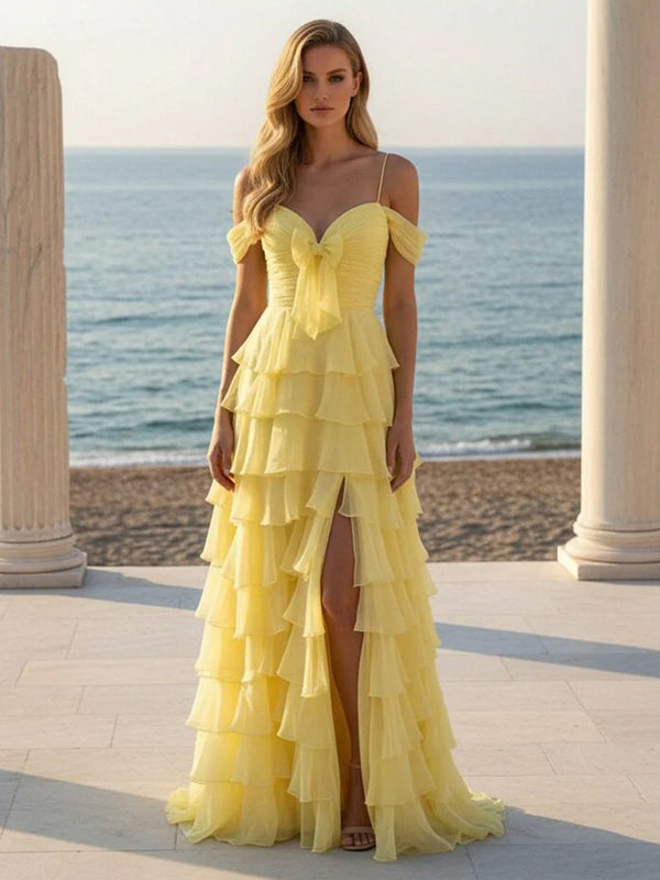 Off the Shoulder Chiffon Tiered Prom Dresses with Slit