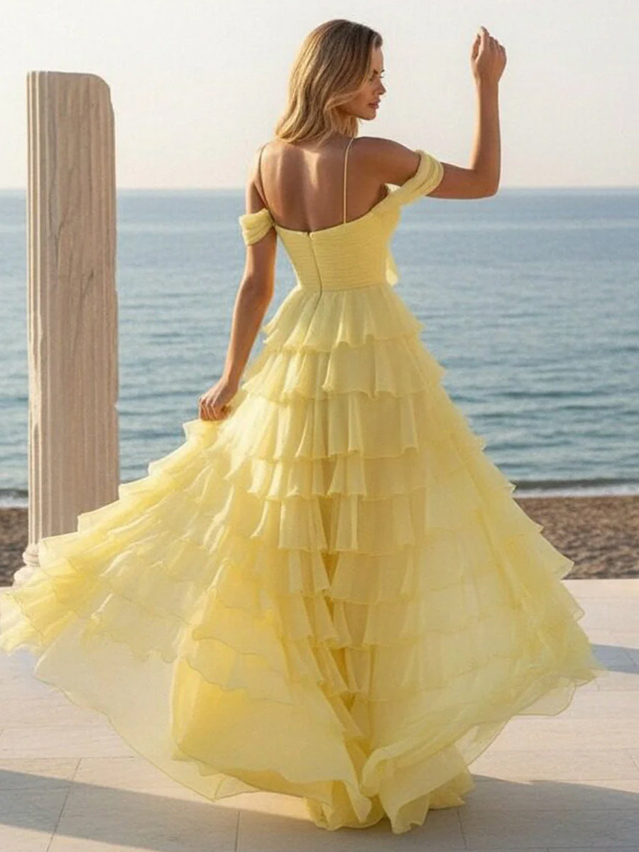 Off the Shoulder Chiffon Tiered Prom Dresses with Slit