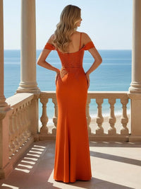 Off the Shoulder Jersey Lace Applique Prom Dresses with Slit