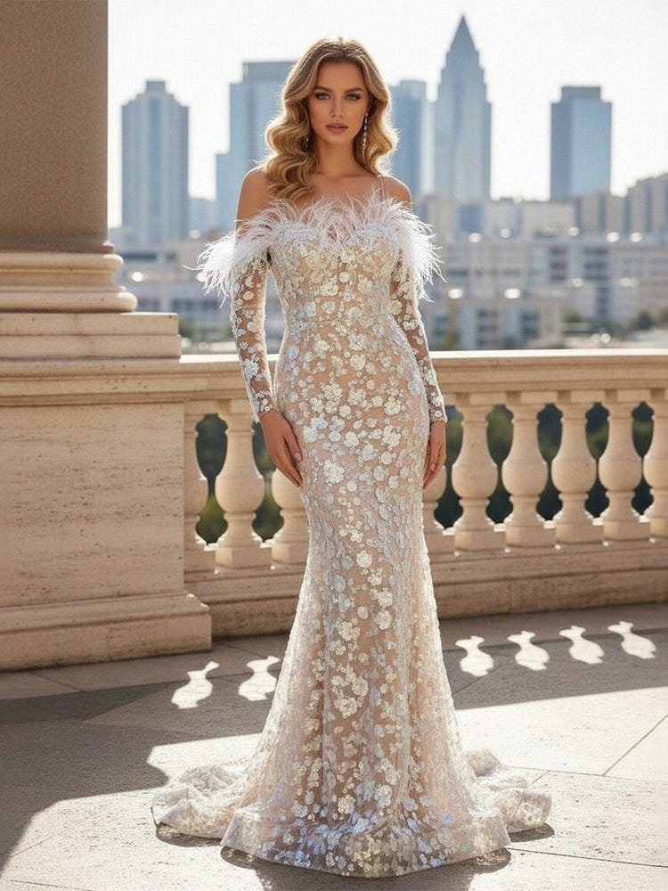 Long Sleeves Mermaid 3D Flower Applique Evening Dresses Off the Shoulder Formal Dresses With Feather