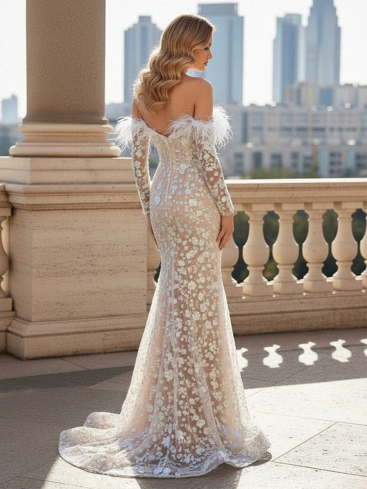Long Sleeves Mermaid 3D Flower Applique Evening Dresses Off the Shoulder Formal Dresses With Feather