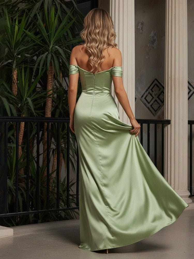 Off the Shoulder Satin Formal Dresses with Slit