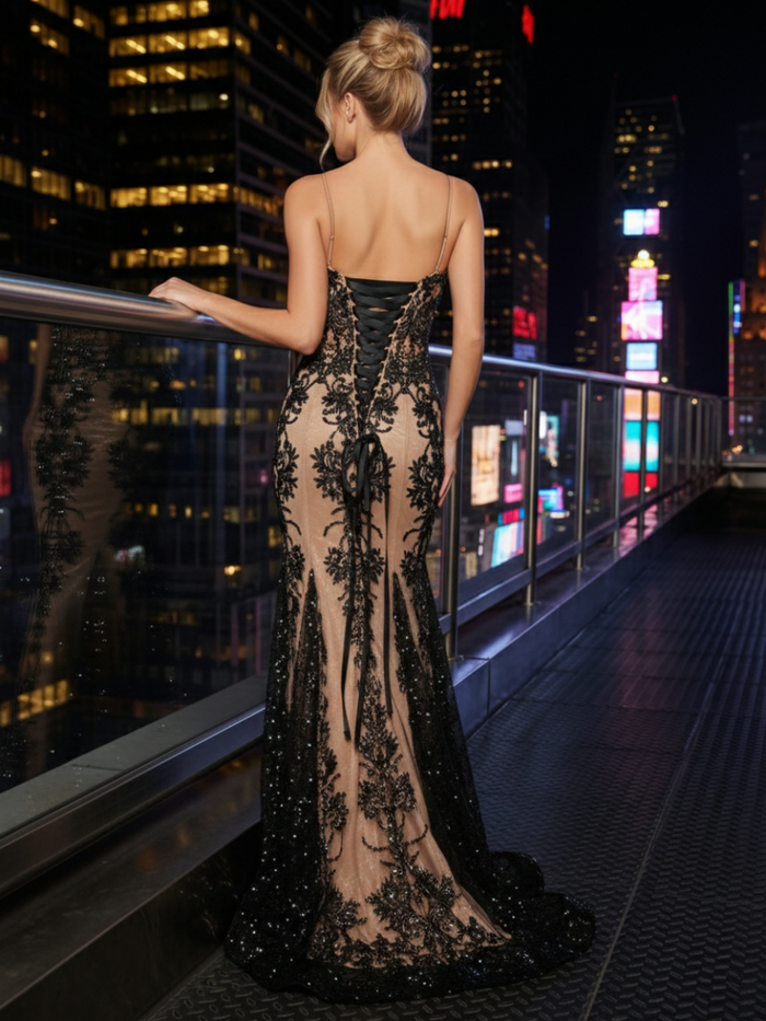 Spaghetti Straps Lace Sequin Embroidery Prom Dresses