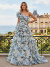 One Shoulder A Line Floral Chiffon Prom Dresses