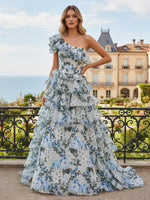 One Shoulder A Line Floral Chiffon Prom Dresses