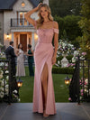 Off the Shoulder Jersey Lace Applique Prom Dresses with Slit