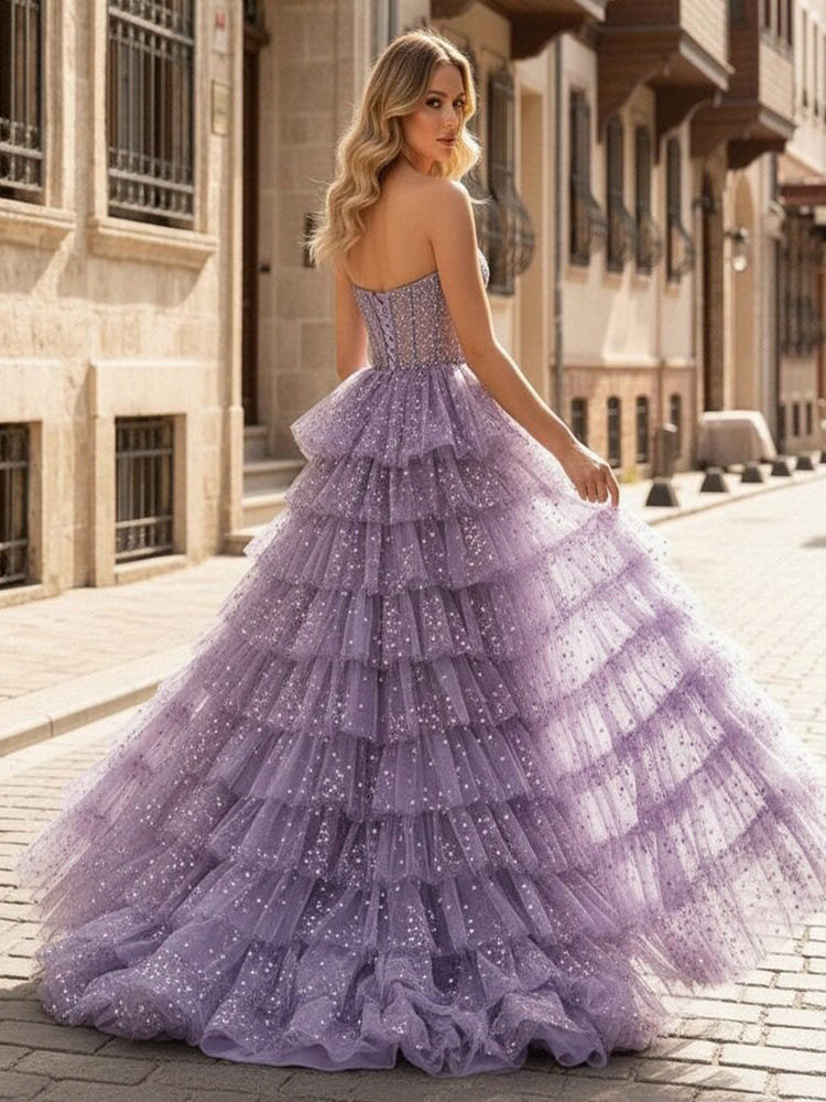 Strapless Sequin Tulle Prom Dresses with Slit