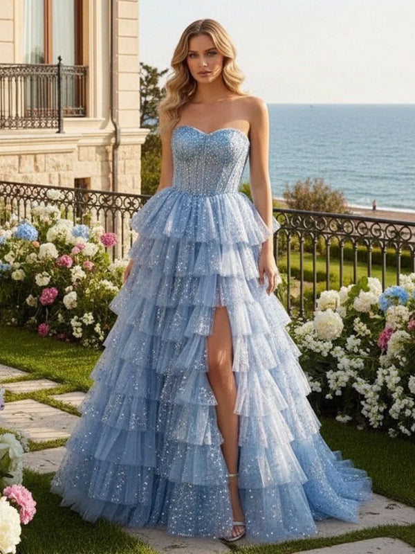 Sequin Strapless Tulle Prom Dresses with Slit