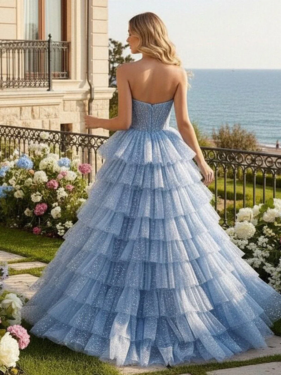 Sequin Strapless Tulle Prom Dresses with Slit