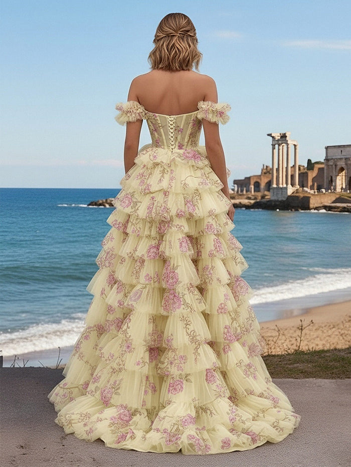 Floral Tulle Off the Shoulder Prom Dresses with Slit