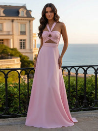 Halter Satin Cut Out A Line Prom Dresses