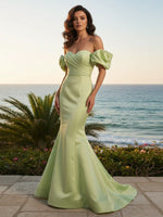 Off the Shoulder Satin Mermaid Evening Dresses Pleated Corset Formal Gown
