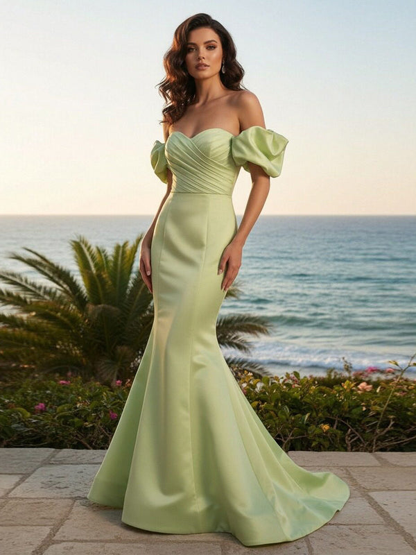 Off the Shoulder Satin Mermaid Evening Dresses Pleated Corset Formal Gown