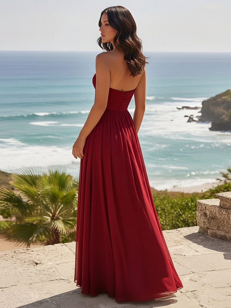 Strapless Mesh Long Formal Dresses with Slit
