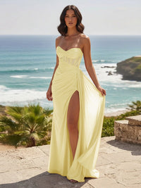 Strapless Chiffon Bodycon Evening Formal Dresses with Slit