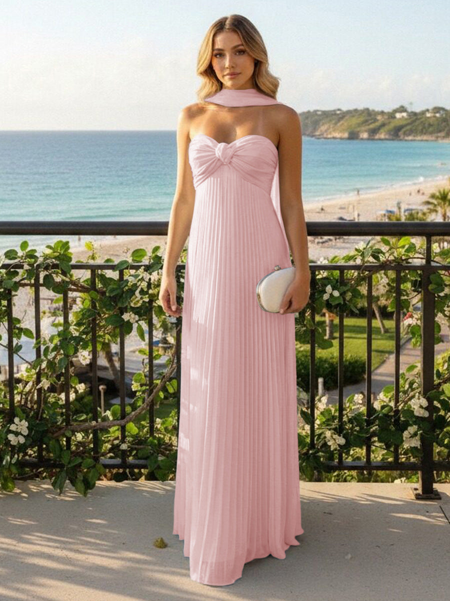 Strapless Chiffon Pleated Formal Dresses with Scarf