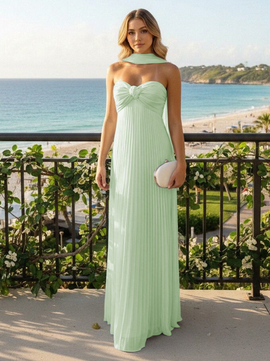 Strapless Chiffon Pleated Formal Dresses with Scarf