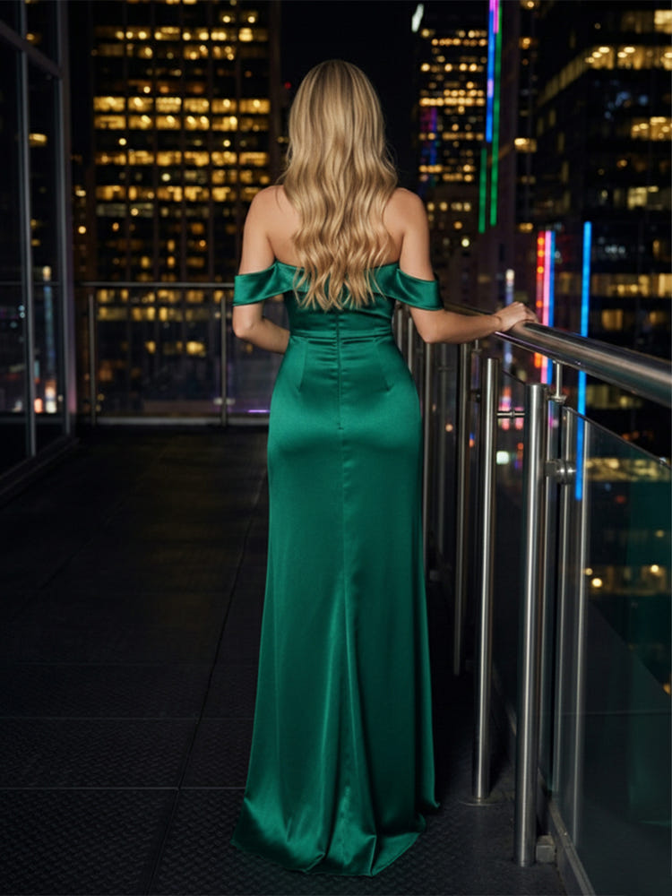 Satin Mermaid Off the Shoulder Ruched Formal Dresses with Split Side