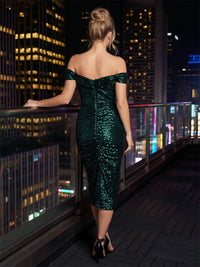 Tea Length Sequin Sheath Off the Shoulder Sparkly Formal Dresses