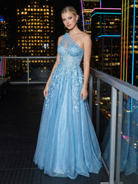 Sparkling Tulle A Line One Shoulder Applique Prom Dresses