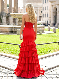 Satin Mermaid Strapless Tiered Ruffled Prom Dresses with Side Slit