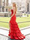 Satin Mermaid Strapless Tiered Ruffled Prom Dresses with Side Slit
