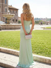Satin Mermaid Spaghetti Straps Rhinestone Formal Dresses with Bow