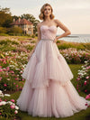 A Line Tulle Sweetheart Tiered Prom Dresses with Beads