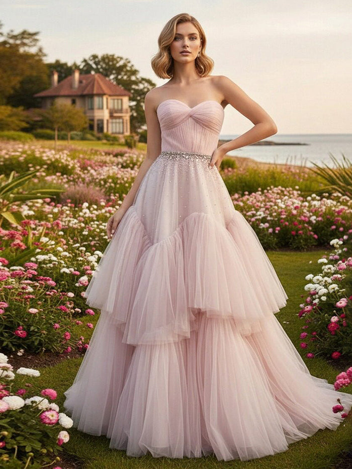 A Line Tulle Sweetheart Tiered Prom Dresses with Beads