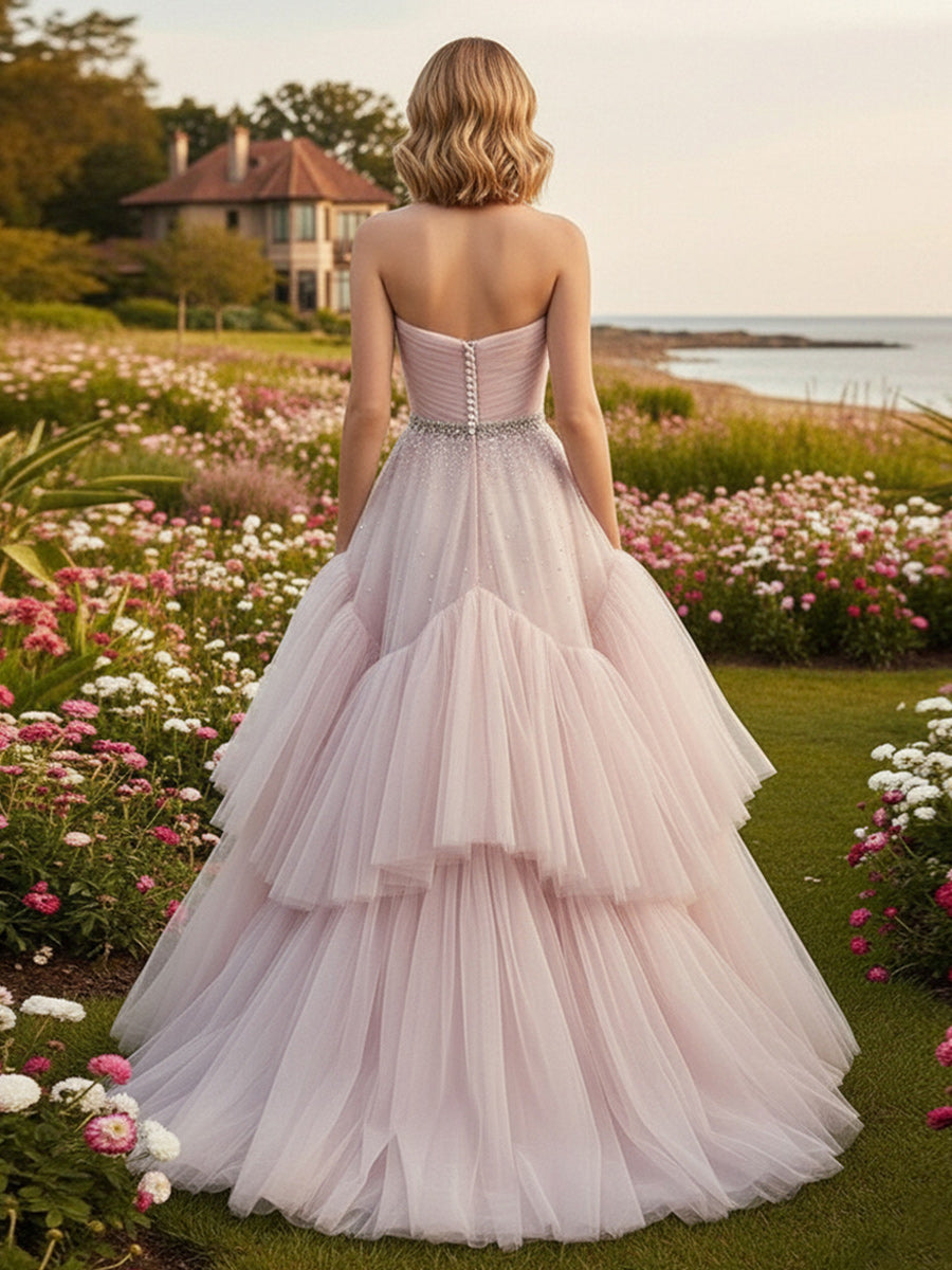 A Line Tulle Sweetheart Tiered Prom Dresses with Beads
