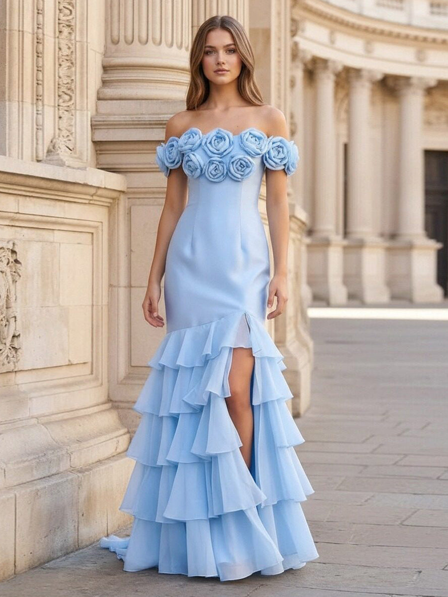 Satin Chiffon Mermaid Off the Shoulder Floral Prom Dresses