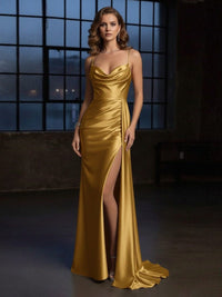 Satin Mermaid Spaghetti Straps Side Slit Evening Dresses
