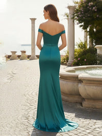 Satin Mermaid Formal Dresses Off the Shoulder Side Slit Evening Dresses