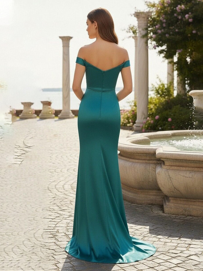 Satin Mermaid Formal Dresses Off the Shoulder Side Slit Evening Dresses