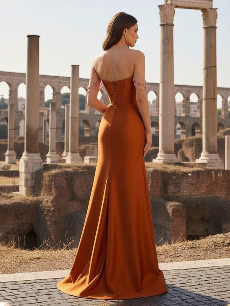 Satin Mermaid Off the Shoulder Formal Dresses with Rhinestone