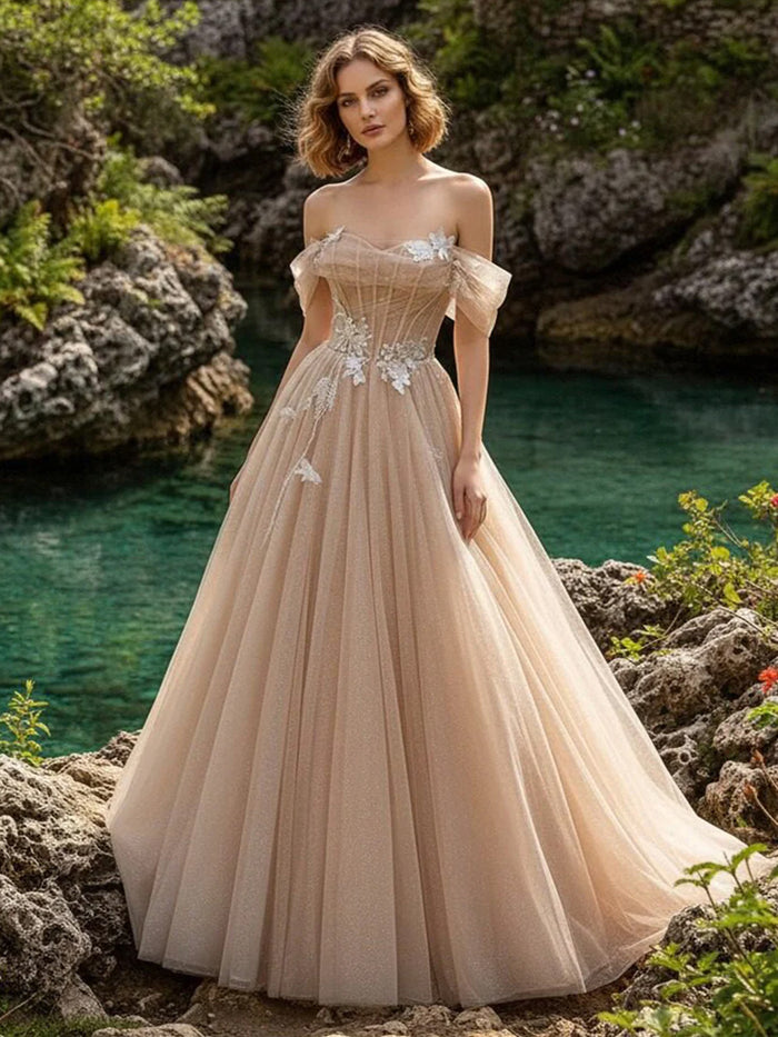 A Line Tulle Off the Shoulder Applique Prom Dresses